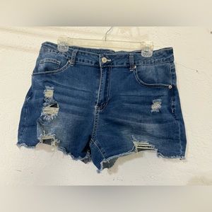 Lookbook Blue High Waist Ruched Hem Distressed Denim Shorts (XL)